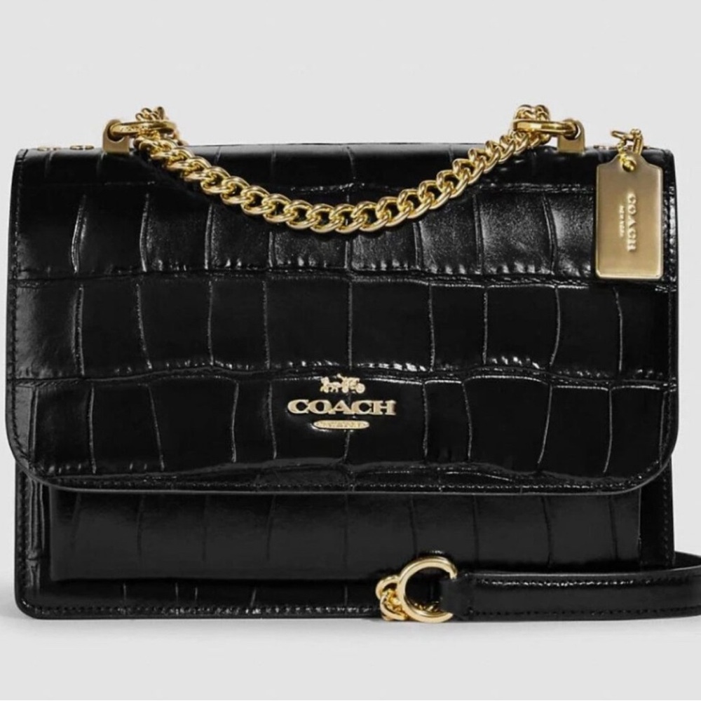 Coach Klare Black Croc-Embossed Crossbody Bag with Gold Accents